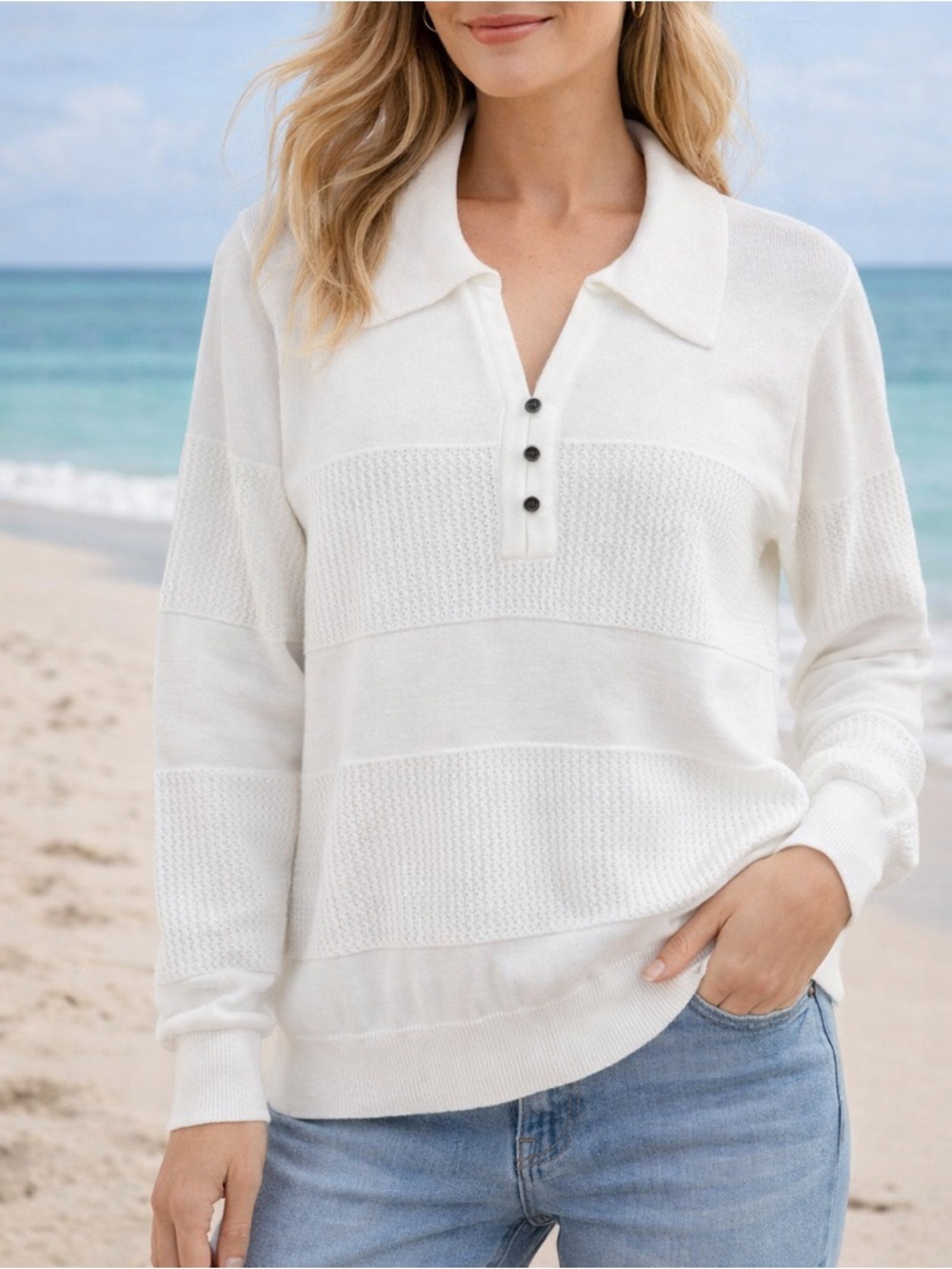 Marble Fashions Scotland White Textured Cotton Collared Knit Sweater Pullover L
